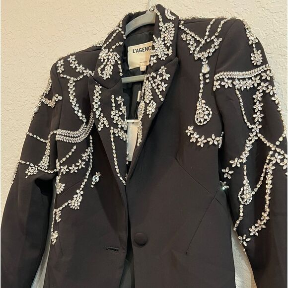 L’AGENCE Clementine Crystal Rhinestone Embellished Peak Lapel Blazer Black - Picture 8 of 16